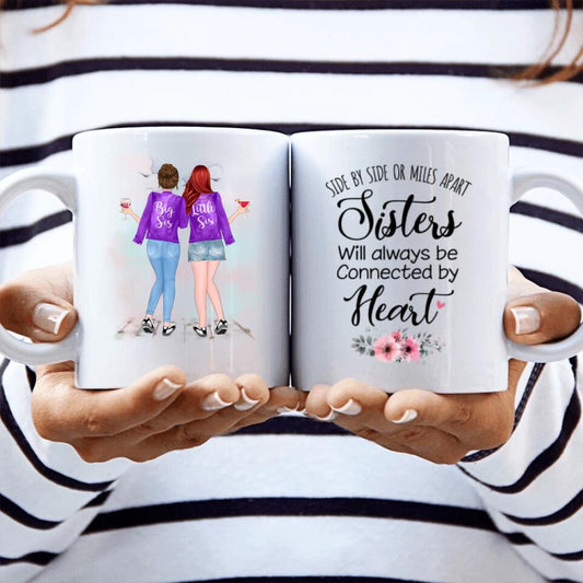 Personalized 2 sisters Coffee Mug - Sisters will always be connected by heart - Gift for Sister