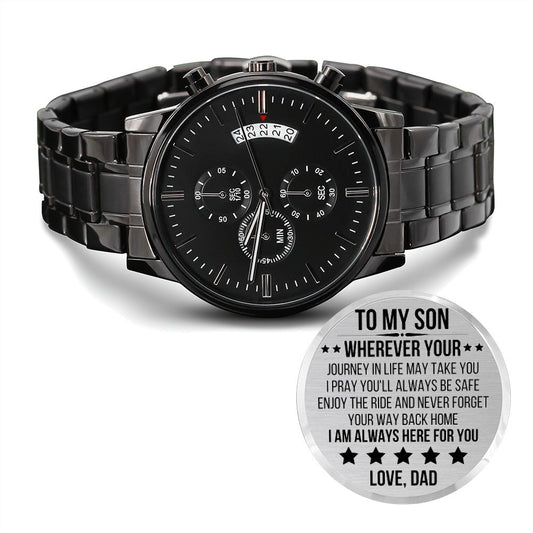 To Son Engraved Design Black Chronograph Watch from Dad